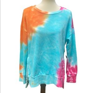 NWT 90 Degree by Reflex Tie Dye Sweatshirt Medium Split Hem Blue Pink Orange
